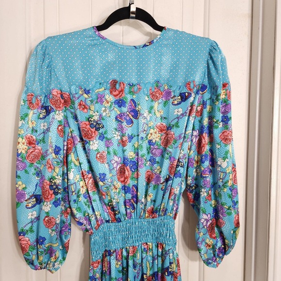 Diane Freis Womens Dress Jacket Set Vtg Georgette Blue Polka Dot Floral Maxi 6 - Picture 14 of 16